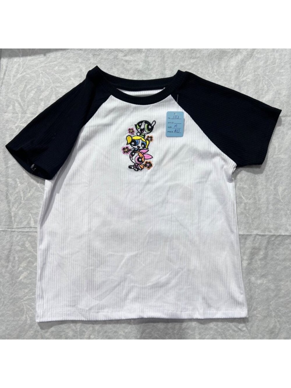 The Powerpuff Girls Raglan T-Shirt Girls M Cartoon Print Black & White